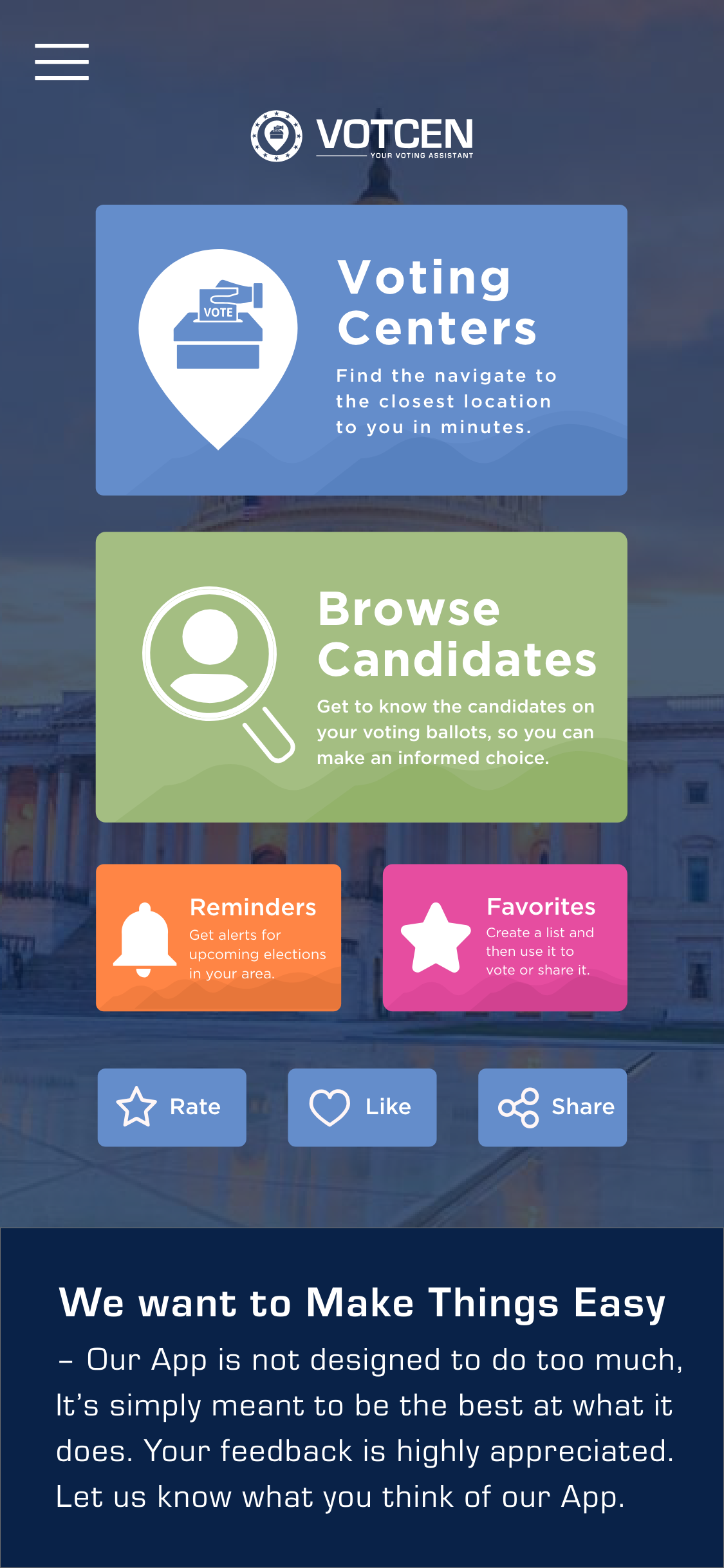 Votcen app home screen showing Voting Centers, Browse Candidates, Reminders and Favorites