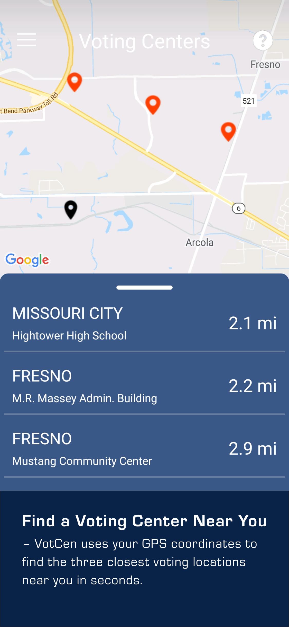 Votcen Voting Centers screen with map and nearest locations